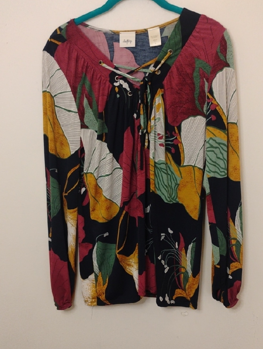 Daytrip Black Multicolor Floral Blouse Lace-Up Front Long Sleeve Women's Large
